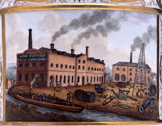 Porter mug showing Manchester foundries (detail), made by Derby, about 1820