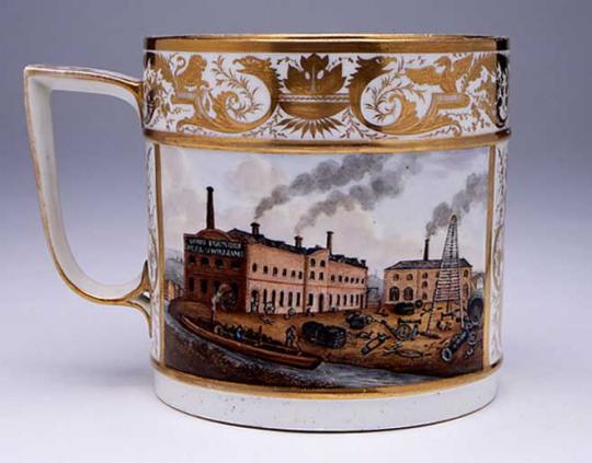 Porter mug showing Manchester foundries, made by Derby, about 1820