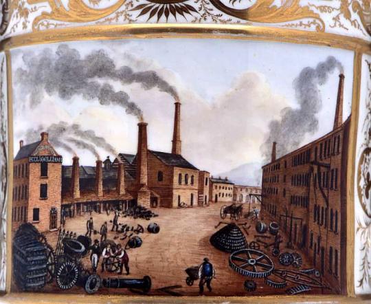 Porter mug showing Manchester foundries (detail), made by Derby, about 1820