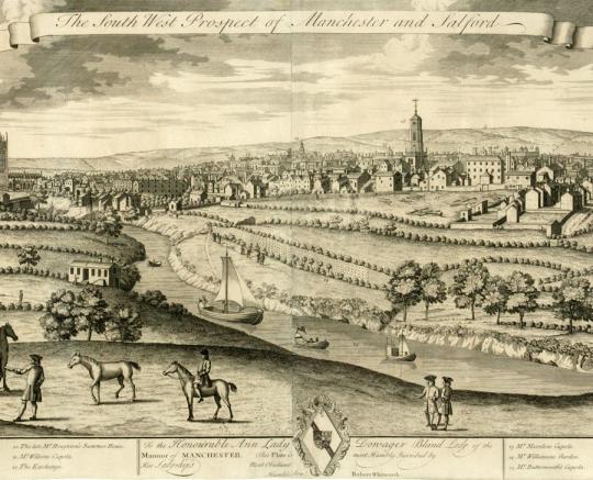 South West Prospect of Manchester and Salford (detail), by John Harris, about 1734
