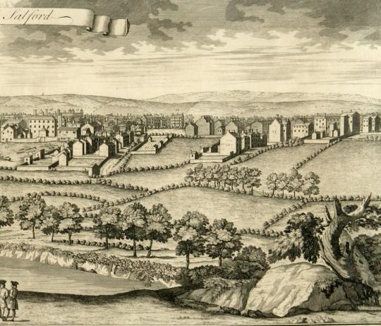 South West Prospect of Manchester and Salford (detail), by John Harris, about 1734