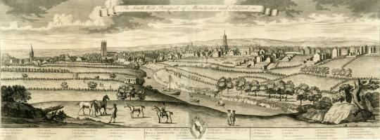 South West Prospect of Manchester and Salford, by John Harris, about 1734