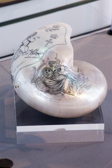 Nautilus shell with engraved decoration, by CH Wood, about 1855
