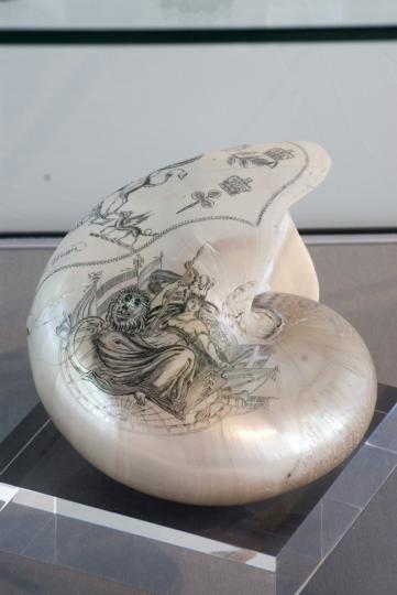 Nautilus shell with engraved decoration, by CH Wood, about 1855