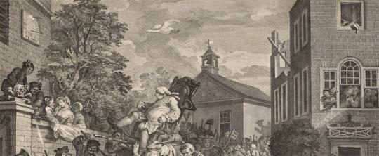 Four Prints of an Election, Plate 4: Chairing the Member (detail), by William Hogarth, 1758